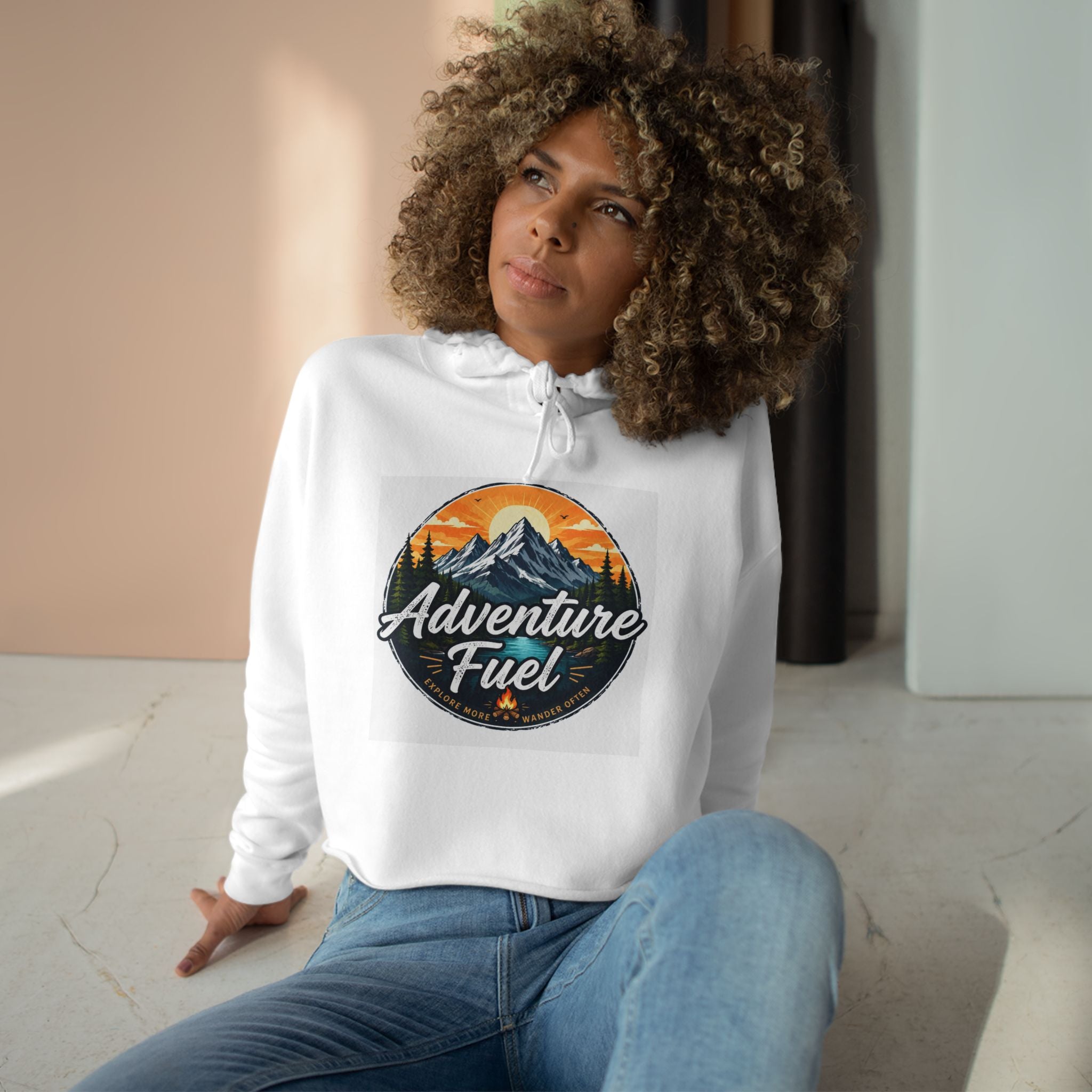 Adventure Fuel Crop Hoodie — Mountain Camping Graphic Hoodie