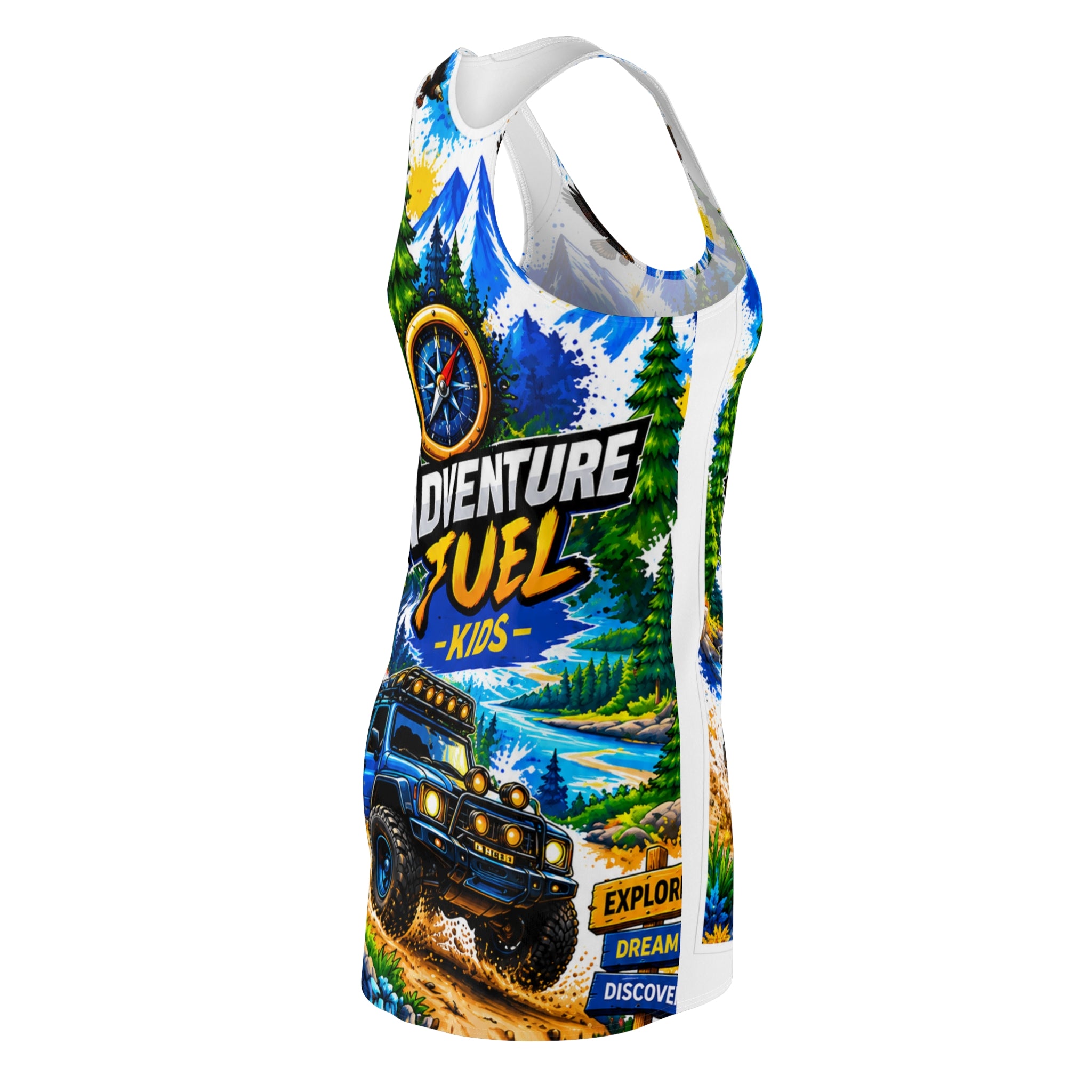 Racerback Dress — "Adventure Fuel Kids" Off-Road Mountain Print