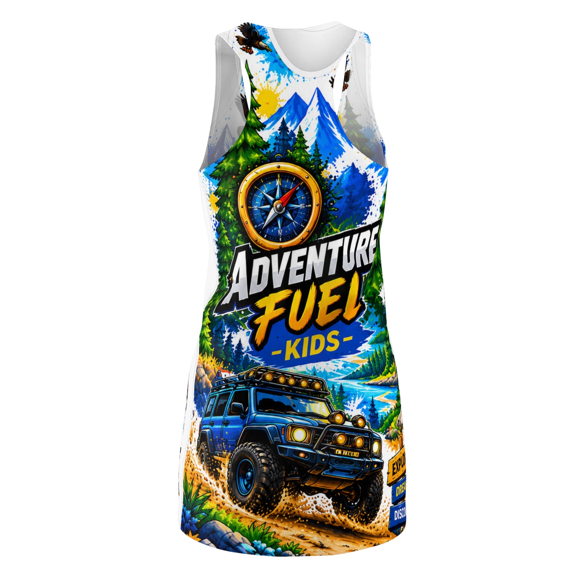 Racerback Dress — "Adventure Fuel Kids" Off-Road Mountain Print