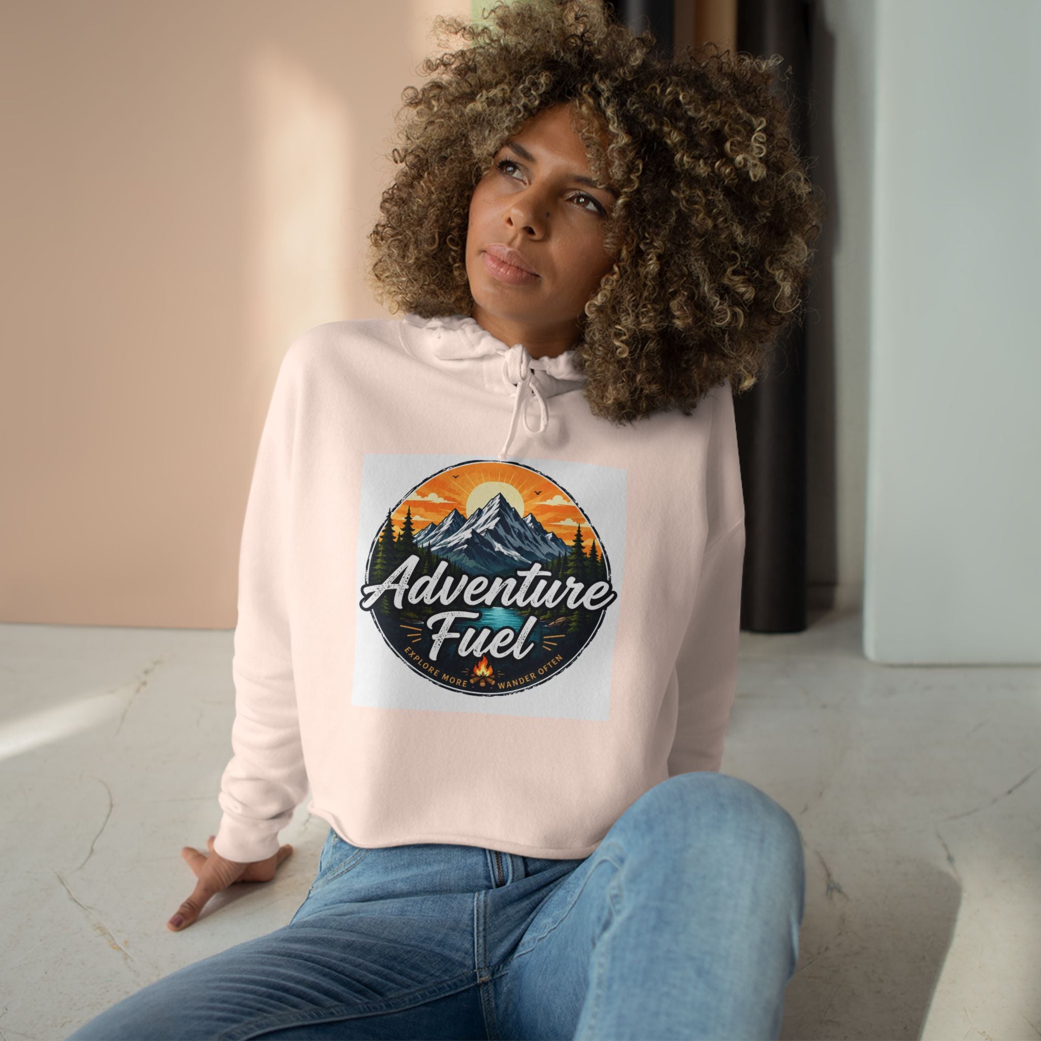 Adventure Fuel Crop Hoodie — Mountain Camping Graphic Hoodie